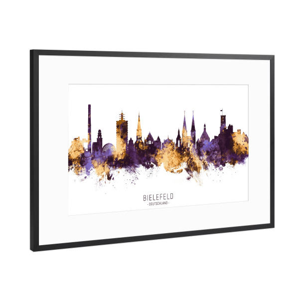 Poster mit Rahmen Schwarz (Metallic) "Bielefeld Skyline PurpleGold" artboxONE - Städte