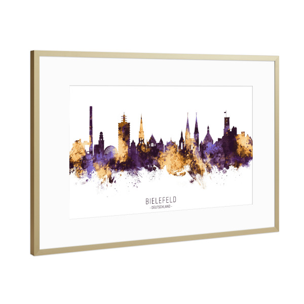 Poster mit Rahmen Gold "Bielefeld Skyline PurpleGold" artboxONE - Städte