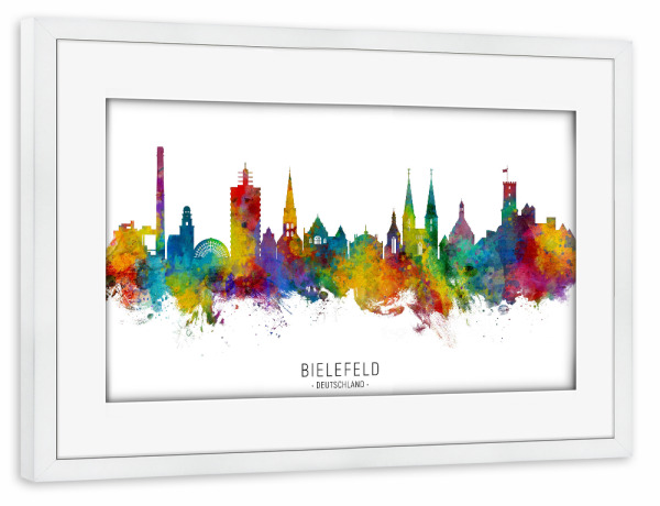 Poster mit Rahmen weiß "Bielefeld Germany Skyline txt" artboxONE - Städte