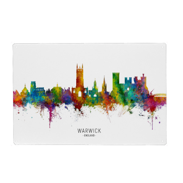 Metall Poster "Warwick England Skyline txt" artboxONE - Städte - Warwick,England,Skyline,Cityscape,Stadtbild,Watercolor,Pride,City,Stadt,Colorful,Bunt