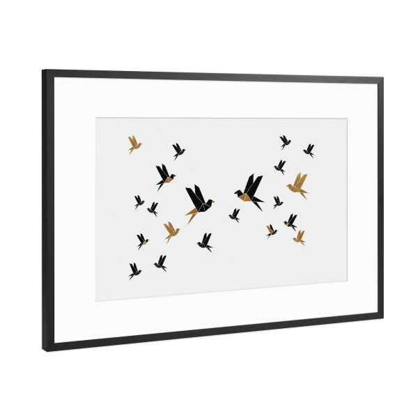 Poster mit Rahmen Schwarz (Metallic) "Black and Gold Birds" artboxONE - Natur,Tiere,Geometrie