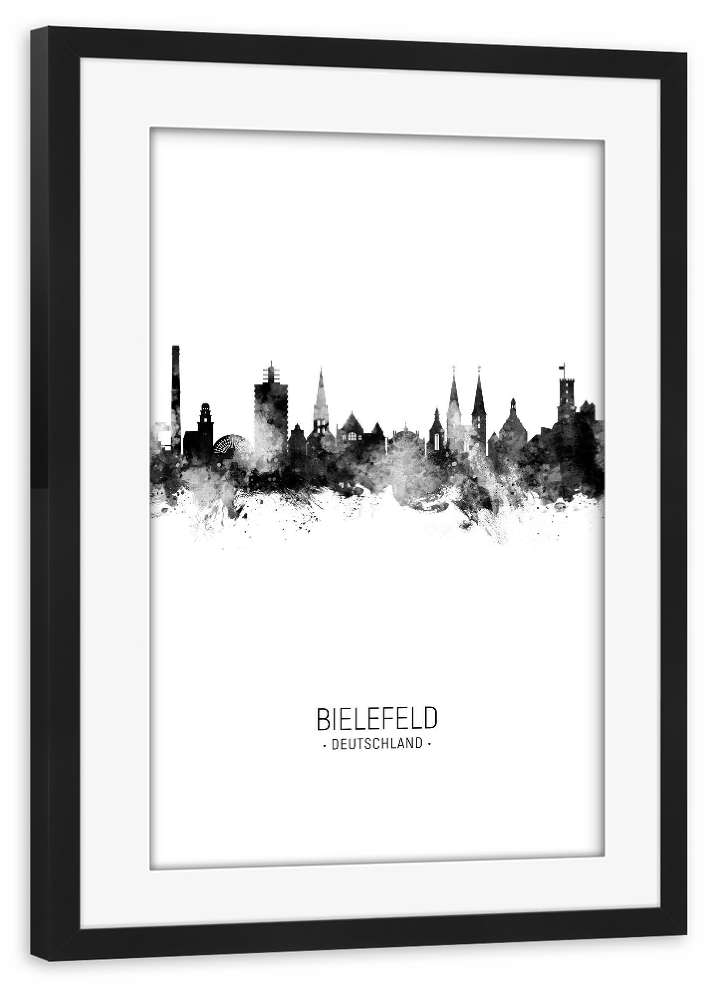 Poster mit Rahmen schwarz "Bielefeld Germany Skyline BW" artboxONE - Städte,Schwarzweiß