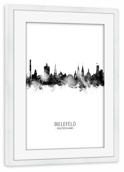 Poster mit Rahmen weiß "Bielefeld Germany Skyline BW" artboxONE - Städte,Schwarzweiß