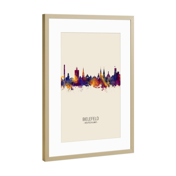 Poster mit Rahmen Gold "Bielefeld Germany Skyline Beige" artboxONE - Städte