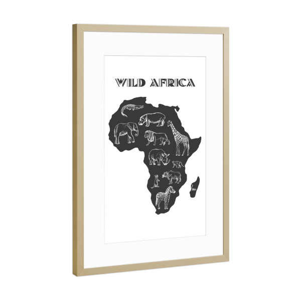 Poster mit Rahmen Gold "Wildes Afrika" artboxONE - Typografie,Tiere,Schwarzweiß,Reise / Afrika