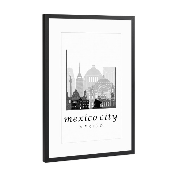 Poster mit Rahmen Schwarz (Metallic) "Mexico City skyline black & white" artboxONE - Städte,Schwarzweiß,Architektur