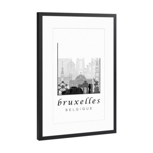 Poster mit Rahmen Schwarz (Metallic) "Brussels skyline black & white" artboxONE - Städte,Schwarzweiß,Architektur