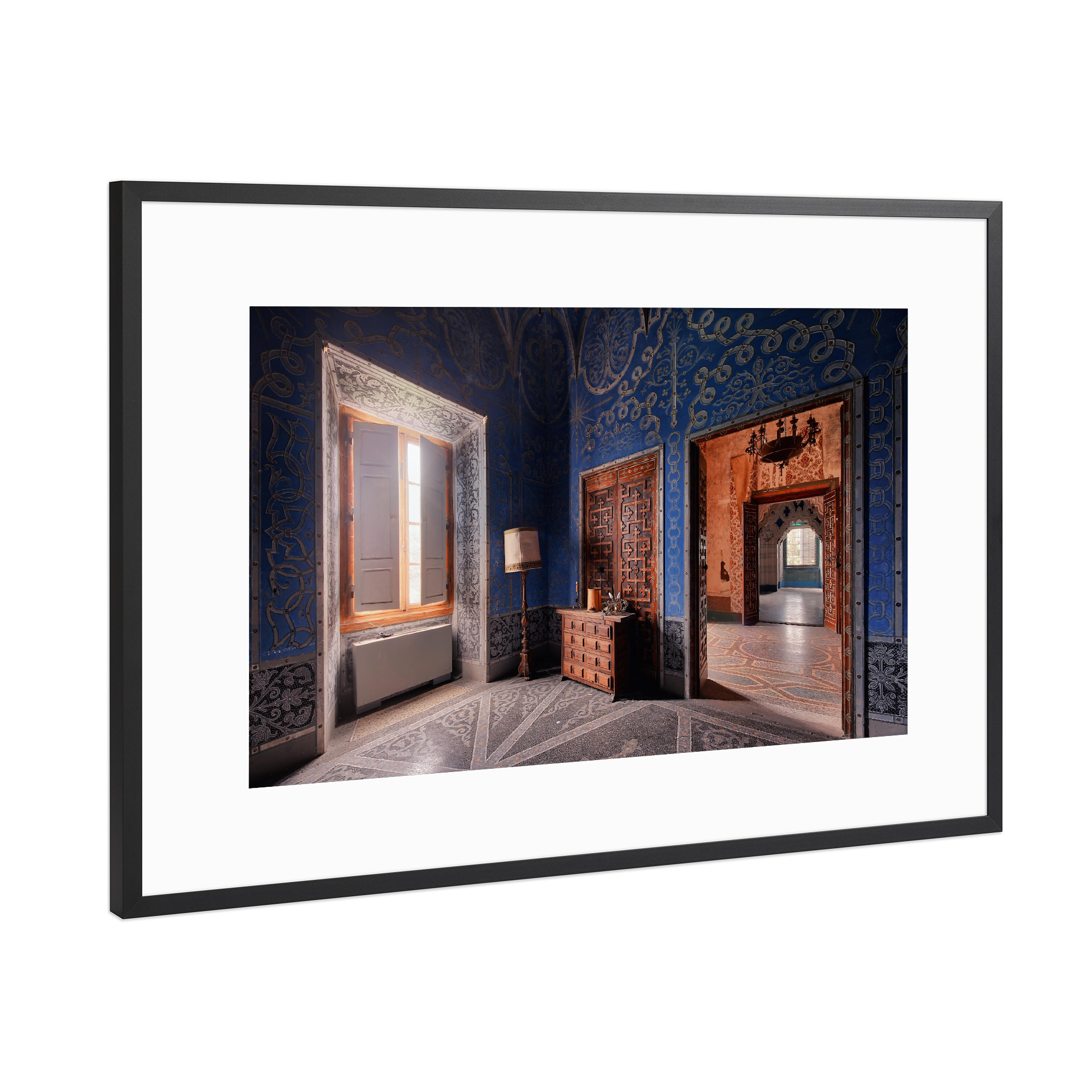 Poster mit Rahmen Schwarz (Metallic) "Window in Blue" artboxONE - Architektur