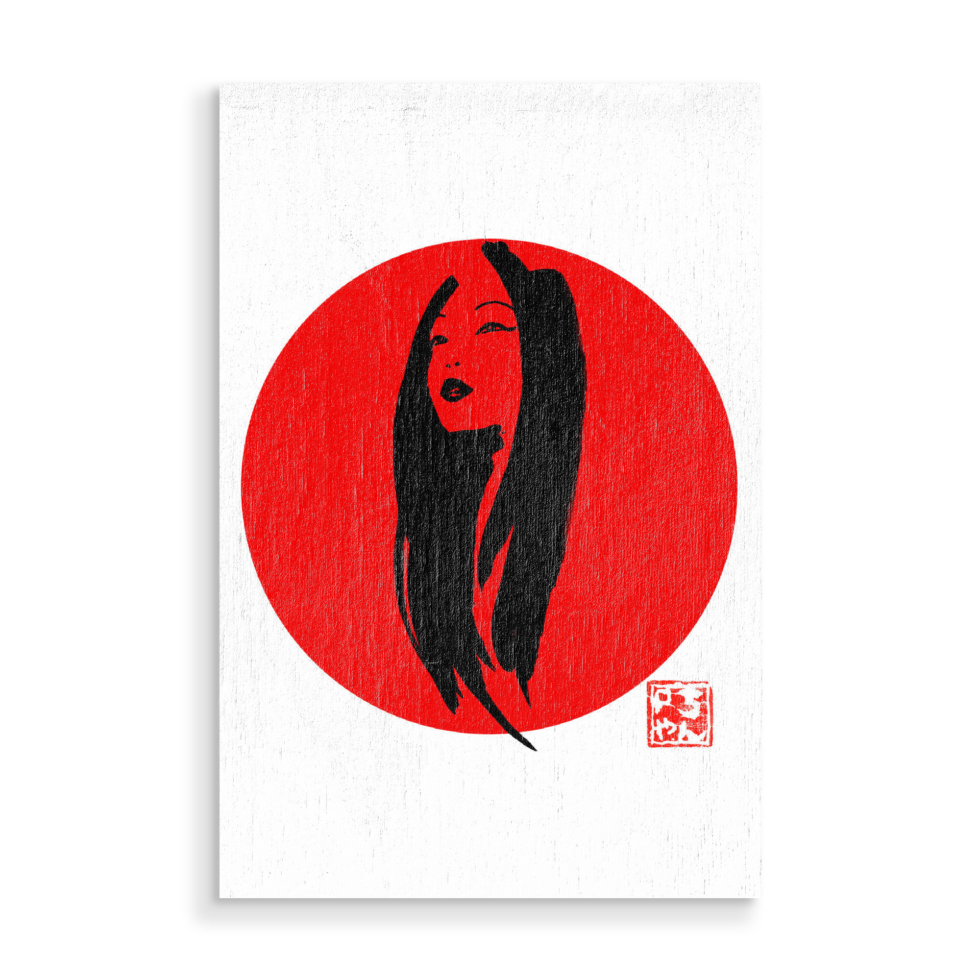 Holzbild "Geisha in red" artboxONE - Menschen,Schwarzweiß - Geisha,Edo,Japan,Sumie,Woman,Frau