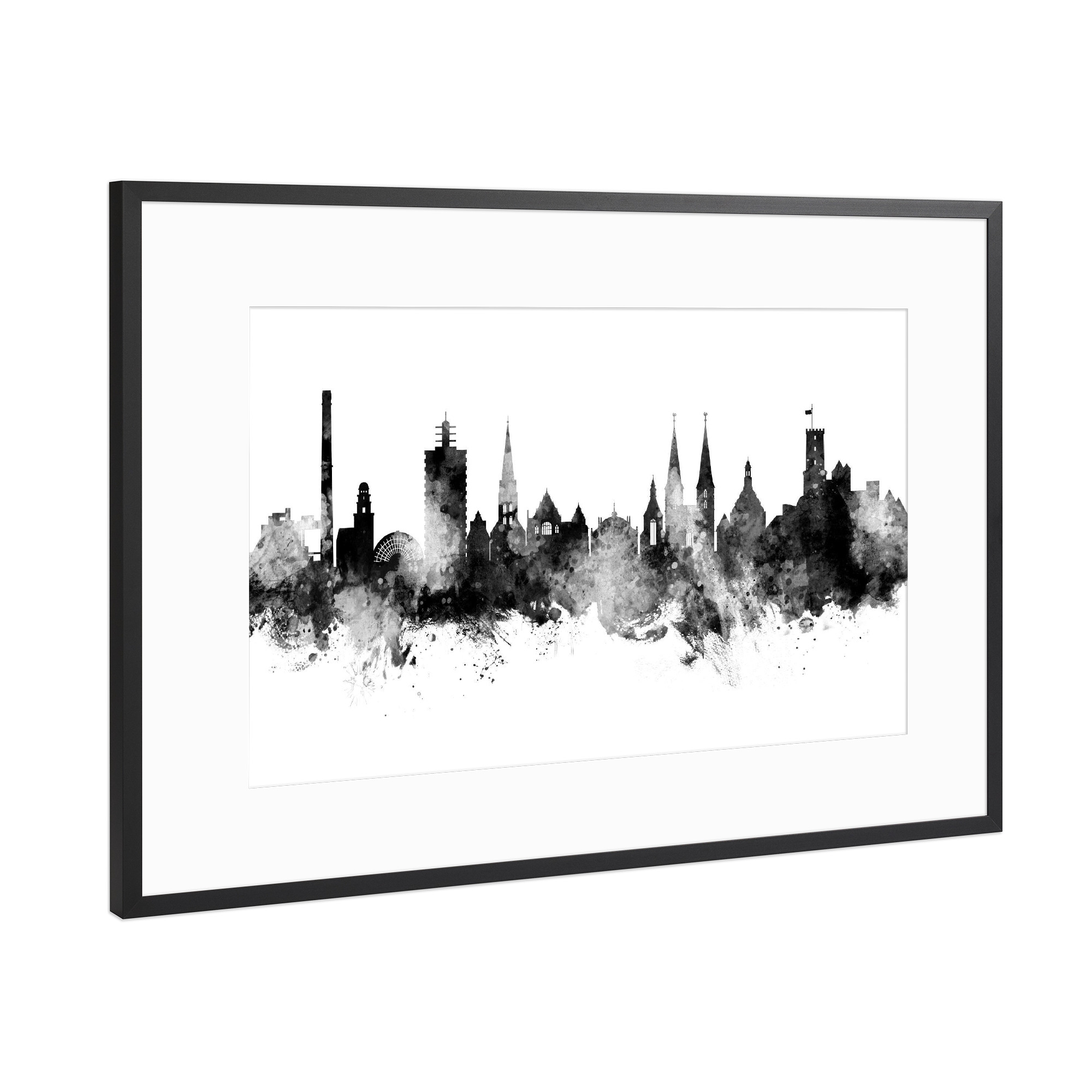 Poster mit Rahmen Schwarz (Metallic) "Bielefeld Germany Skyline Black" artboxONE - Städte,Schwarzweiß