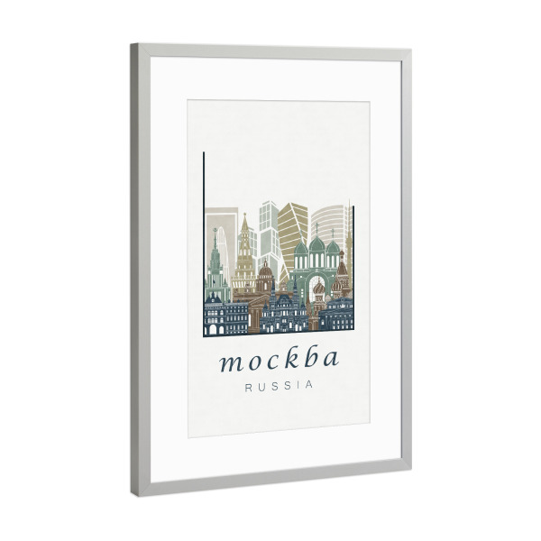Poster mit Rahmen Silber "Moscow skyline light blue" artboxONE - Städte,Architektur