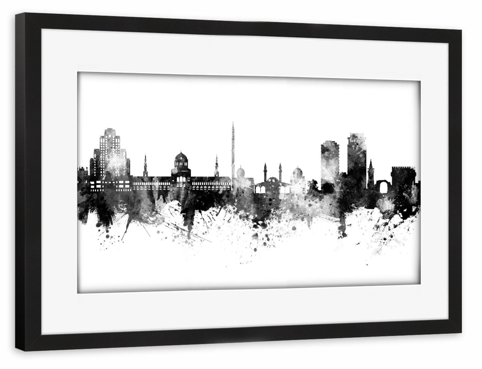 Poster mit Rahmen schwarz "Damascus Syria Skyline Black" artboxONE - Städte,Schwarzweiß