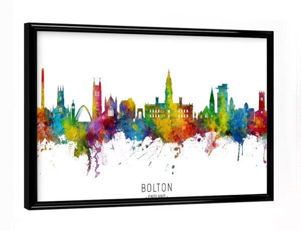 Poster mit schwarzem Rahmen "Bolton England Skyline txt" artboxONE - Städte