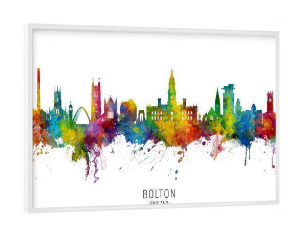Poster mit weißem Rahmen "Bolton England Skyline txt" artboxONE - Städte
