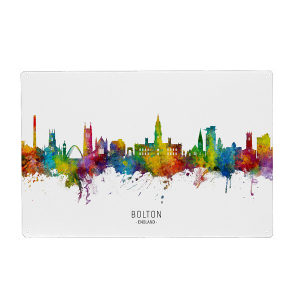 Holzbild "Bolton England Skyline txt" artboxONE - Städte - Bolton,England,Skyline,Cityscape,Stadtbild,Watercolor,Pride,City,Stadt,Colorful,Bunt