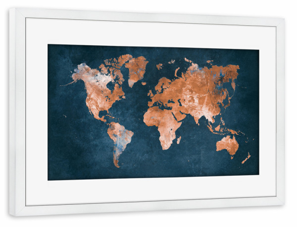 Poster mit Rahmen weiß "World map brown and dark blue" artboxONE - Reise,Kartografie - World map,Map,Maps,Atlas,Brown,Dark blue,Weltkarte,Karte