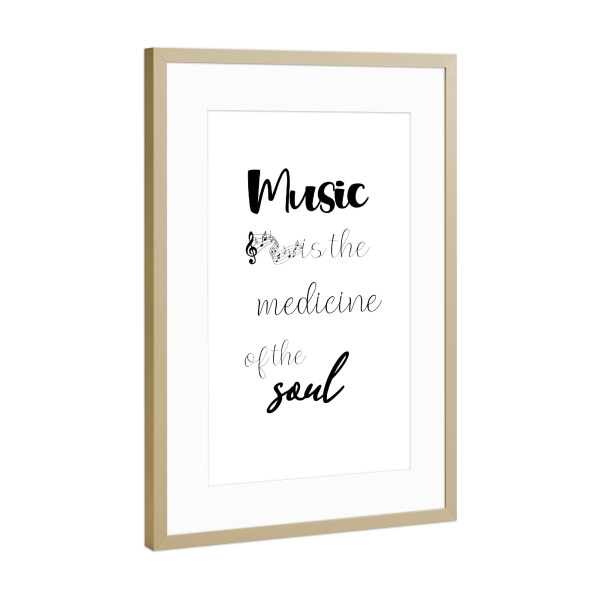 Poster mit Rahmen Gold "Musik ist Medizin" artboxONE - Typografie,Schwarzweiß