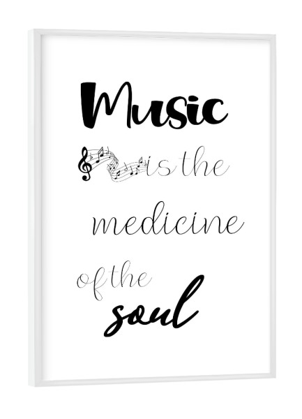 Poster mit weißem Rahmen "Musik ist Medizin" artboxONE - Typografie,Schwarzweiß