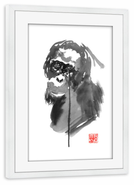 Poster mit Rahmen weiß "Sad borneo" artboxONE - Tiere,Schwarzweiß - Borneo,Monkey,Orangutan,Ink,Japanese,Zen