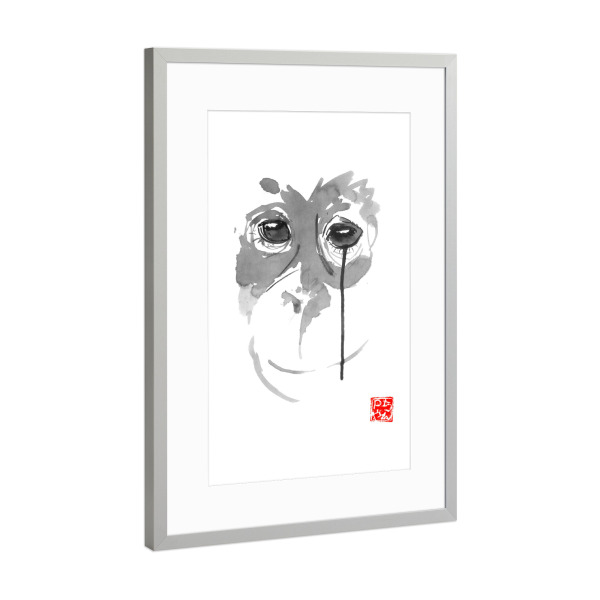 Poster mit Rahmen Silber "Borneo crying" artboxONE - Tiere,Schwarzweiß - Borneo,Orangutan,Monkey,Sumie,Japan,Zen,Animal,Tiere,Wild