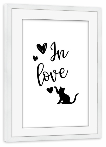 Poster mit Rahmen weiß "Katzenliebe mit Herz" artboxONE - Typografie,Tiere,Schwarzweiß