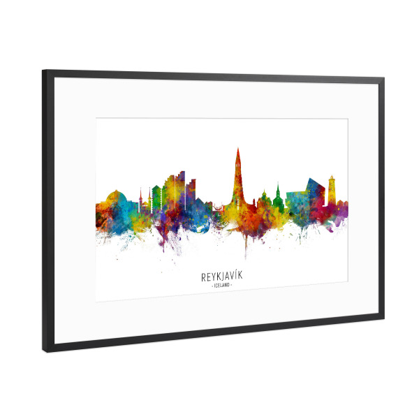 Poster mit Rahmen Schwarz (Metallic) "Reykjavík Iceland Skyline txt" artboxONE - Städte