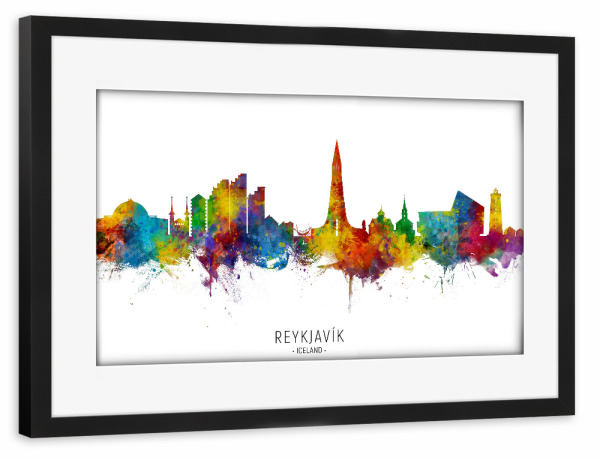 Poster mit Rahmen schwarz "Reykjavík Iceland Skyline txt" artboxONE - Städte