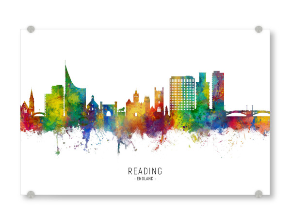 Acrylglasbild "Reading England Skyline txt" artboxONE - Städte - Reading,England,Skyline,Cityscape,Stadtbild,Watercolor,Pride,City,Stadt,Colorful,Bunt