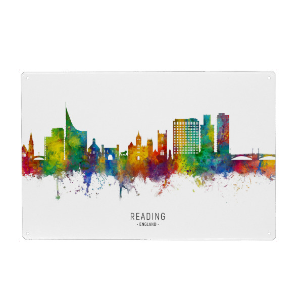 Metall Poster "Reading England Skyline txt" artboxONE - Städte - Reading,England,Skyline,Cityscape,Stadtbild,Watercolor,Pride,City,Stadt,Colorful,Bunt