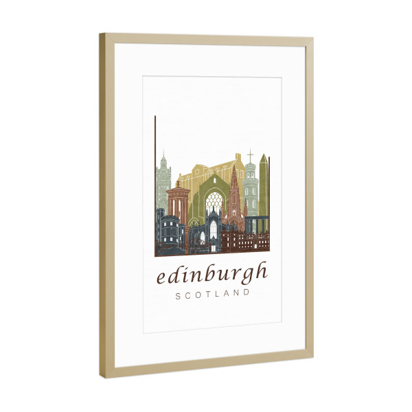 Poster mit Rahmen Gold "Edinburgh skyline light brown" artboxONE - Städte,Architektur