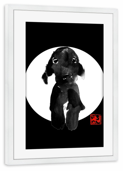 Poster mit Rahmen weiß "Cute dog in white" artboxONE - Tiere,Schwarzweiß - Dog,Cute,Japan,Sumie,Tier,Animal,Hund,Nature,Natur,Wild,Süß,Zen