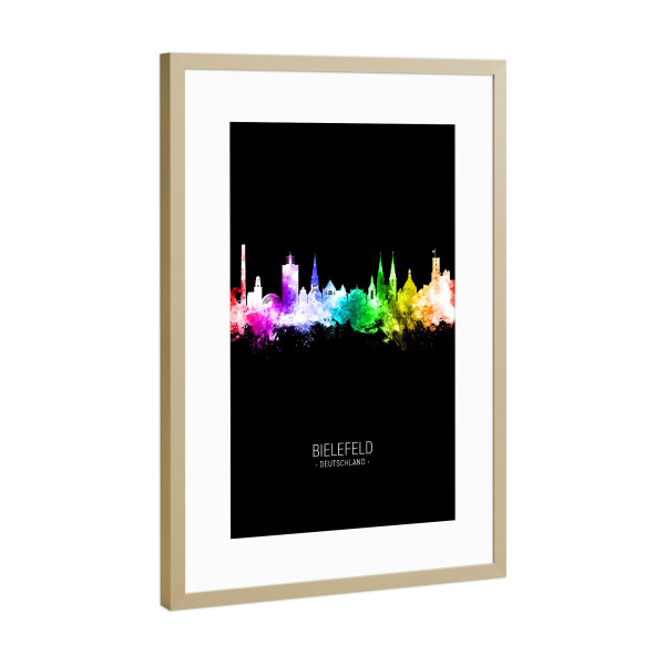 Poster mit Rahmen Gold "Bielefeld Skyline Colour Black" artboxONE - Städte
