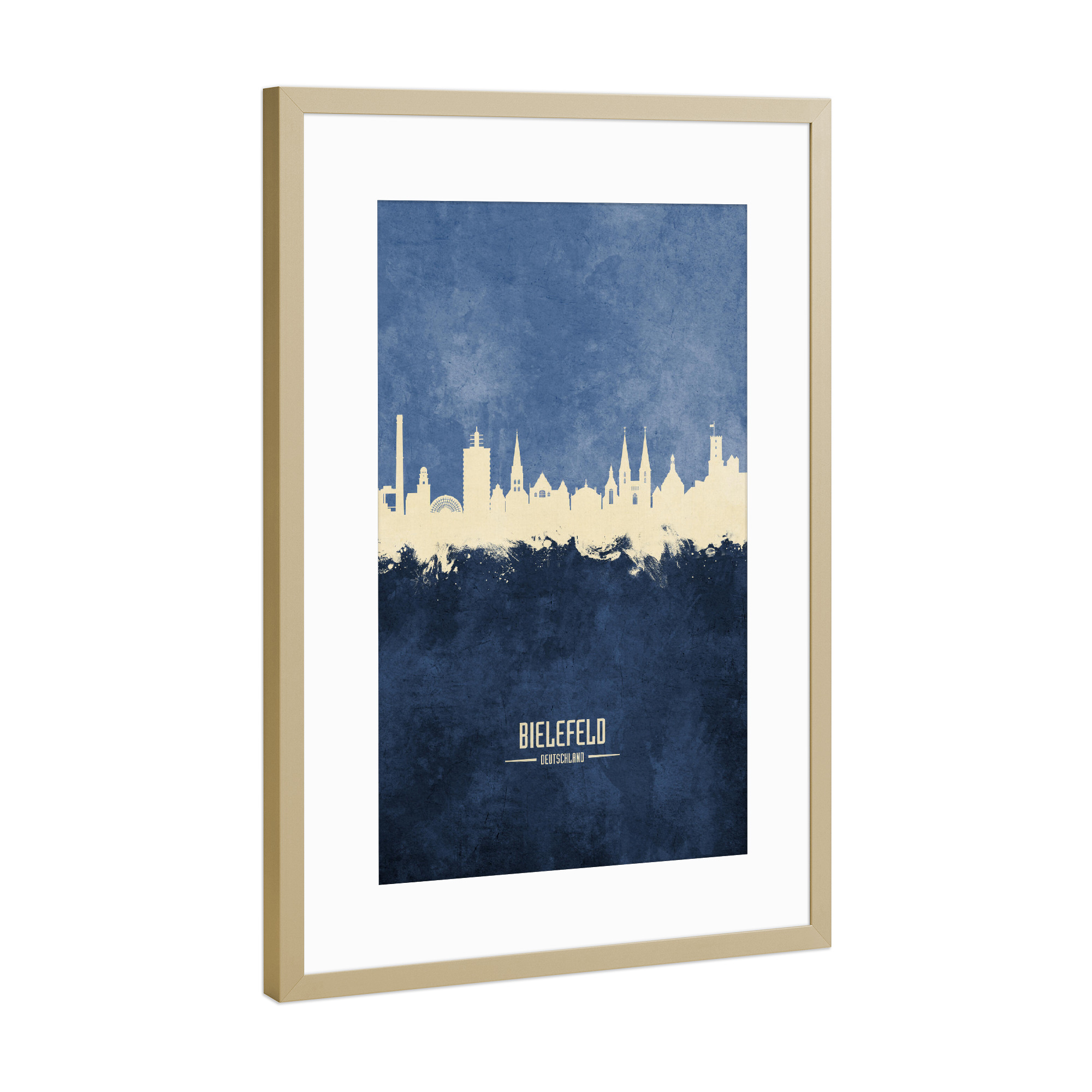 Poster mit Rahmen Gold "Bielefeld Germany Skyline Navy" artboxONE - Städte
