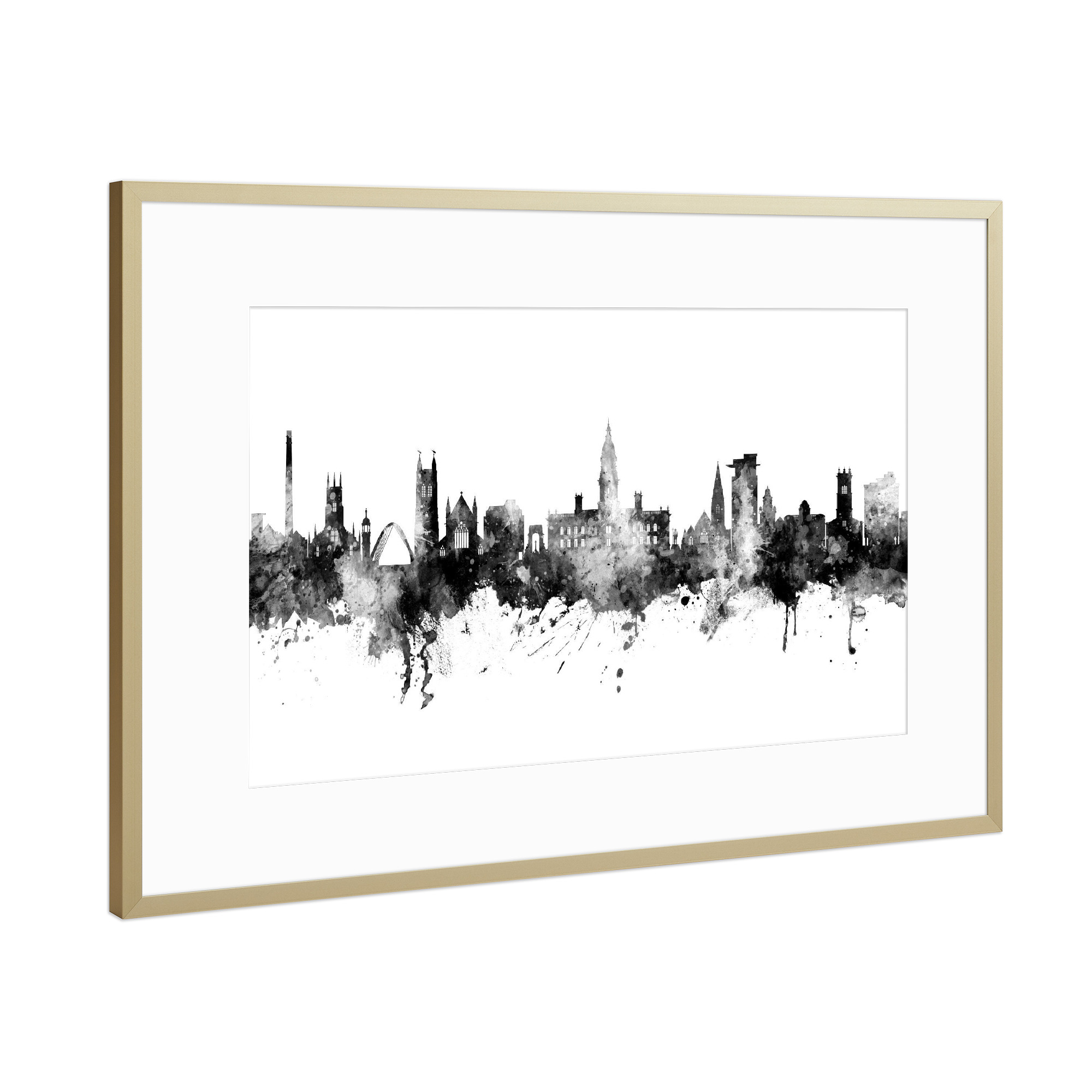 Poster mit Rahmen Gold "Bolton England Skyline Black" artboxONE - Städte,Schwarzweiß