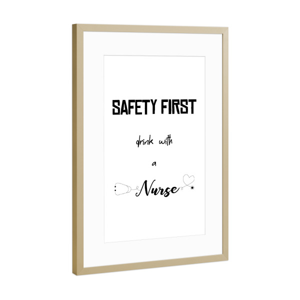 Poster mit Rahmen Gold "Safety first" artboxONE - Typografie,Schwarzweiß