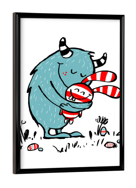 Poster mit schwarzem Rahmen "Monster Loves Bunny" artboxONE - Für Kinder,Comic,Liebe,Lustig