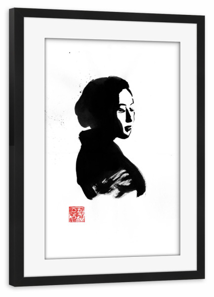 Poster mit Rahmen schwarz "Geisha in black" artboxONE - Menschen,Schwarzweiß - Geisha,Black,Japan,Kimono,Sumie,Woman,Frau,Female,Malerei,Zen