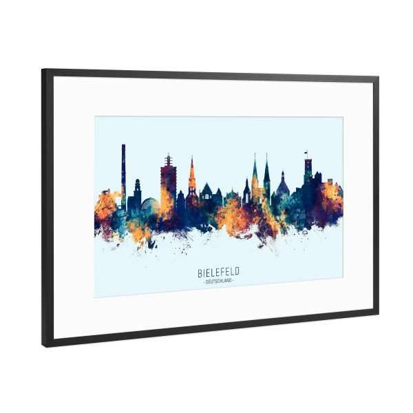 Poster mit Rahmen Schwarz (Metallic) "Bielefeld Skyline BlueOrange" artboxONE - Städte