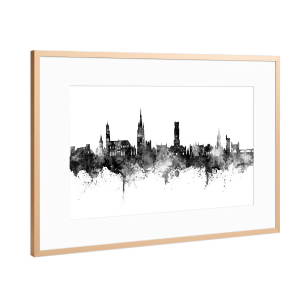 Poster mit Rahmen Kupfer "Bruges Belgium Skyline Black" artboxONE - Städte,Schwarzweiß