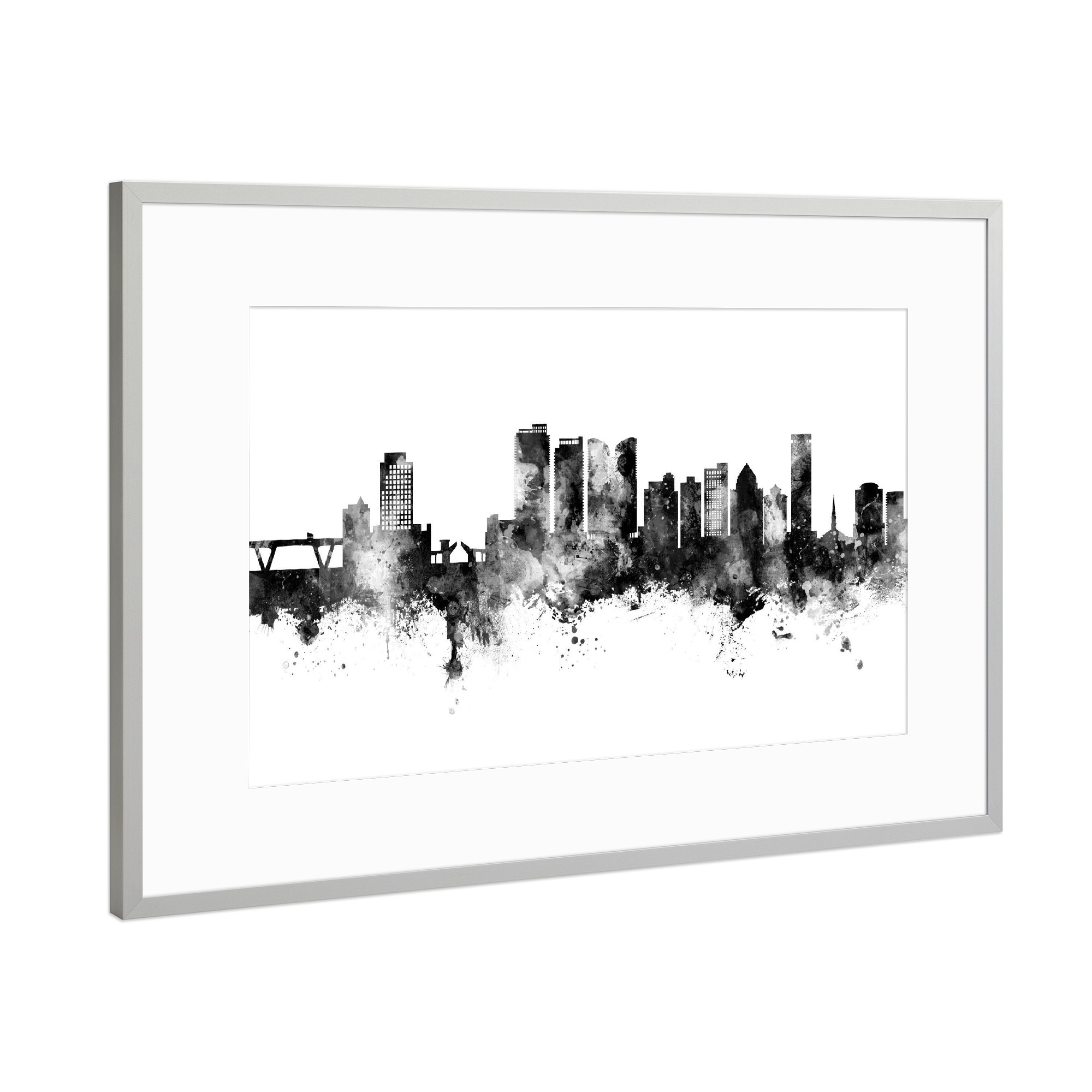 Poster mit Rahmen Silber "Fort Lauderdale Skyline Black" artboxONE - Städte,Schwarzweiß