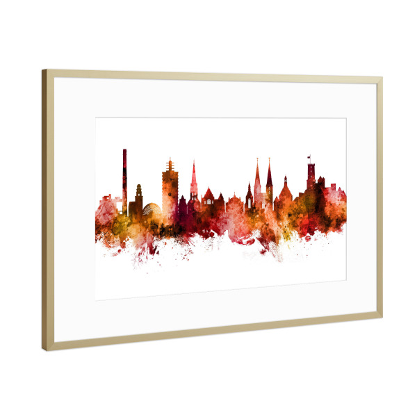 Poster mit Rahmen Gold "Bielefeld Germany Skyline Red" artboxONE - Städte