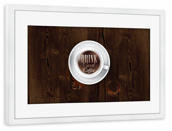 Poster mit Rahmen weiß "Coffee cup dark wood" artboxONE - Essen & Trinken - Cup,Coffee,Dark,Wood,Espresso,Hot,Tasty,Kaffee,Tasse