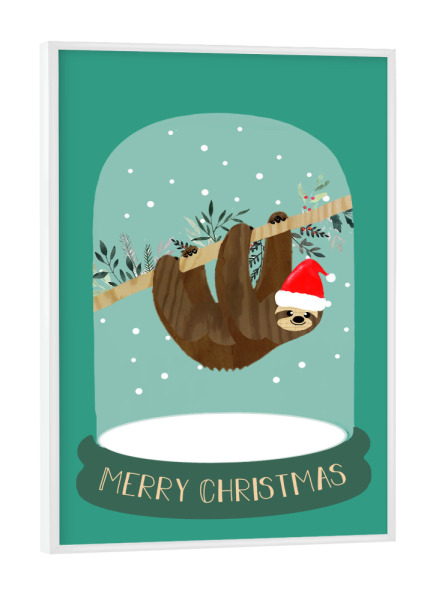 Poster mit weißem Rahmen "Faultier Schneekugel" artboxONE - Typografie,Tiere,Weihnachten