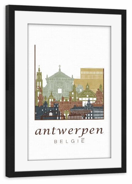 Poster mit Rahmen schwarz "Antwerp skyline light brown" artboxONE - Städte,Architektur