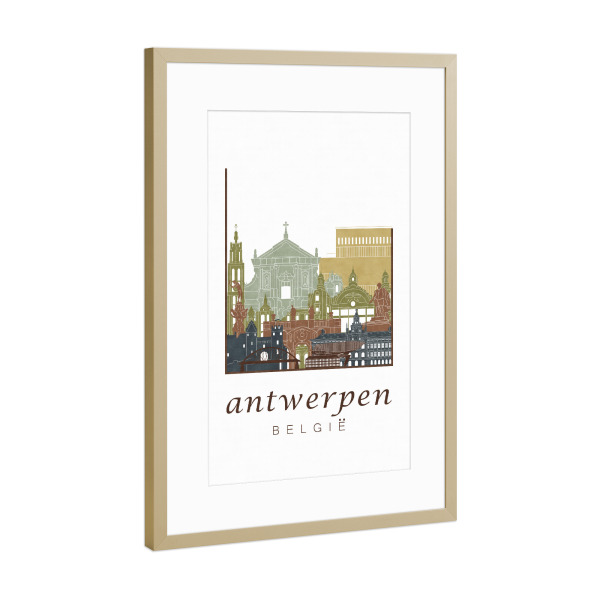 Poster mit Rahmen Gold "Antwerp skyline light brown" artboxONE - Städte,Architektur