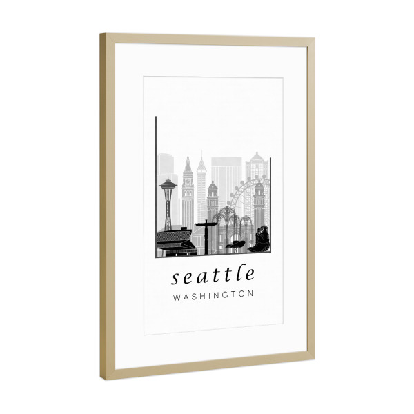 Poster mit Rahmen Gold "Seattle skyline black & white" artboxONE - Städte,Schwarzweiß,Architektur