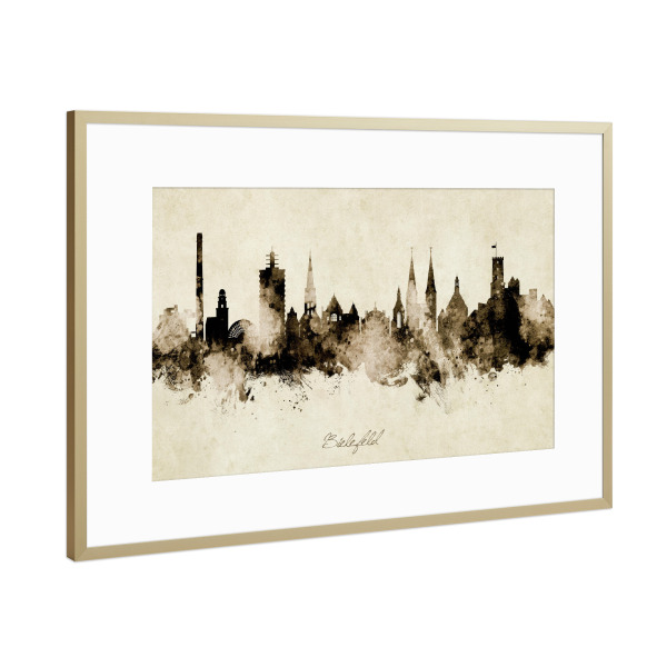 Poster mit Rahmen Gold "Bielefeld Germany Skyline Sepia" artboxONE - Städte