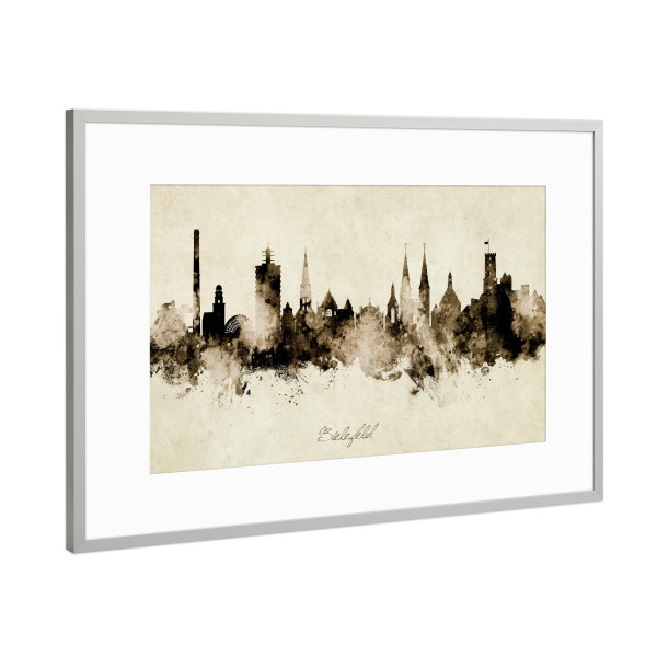 Poster mit Rahmen Silber "Bielefeld Germany Skyline Sepia" artboxONE - Städte