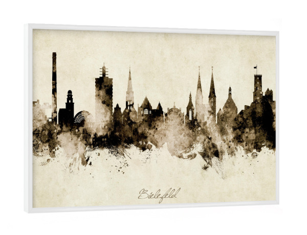 Poster mit weißem Rahmen "Bielefeld Germany Skyline Sepia" artboxONE - Städte