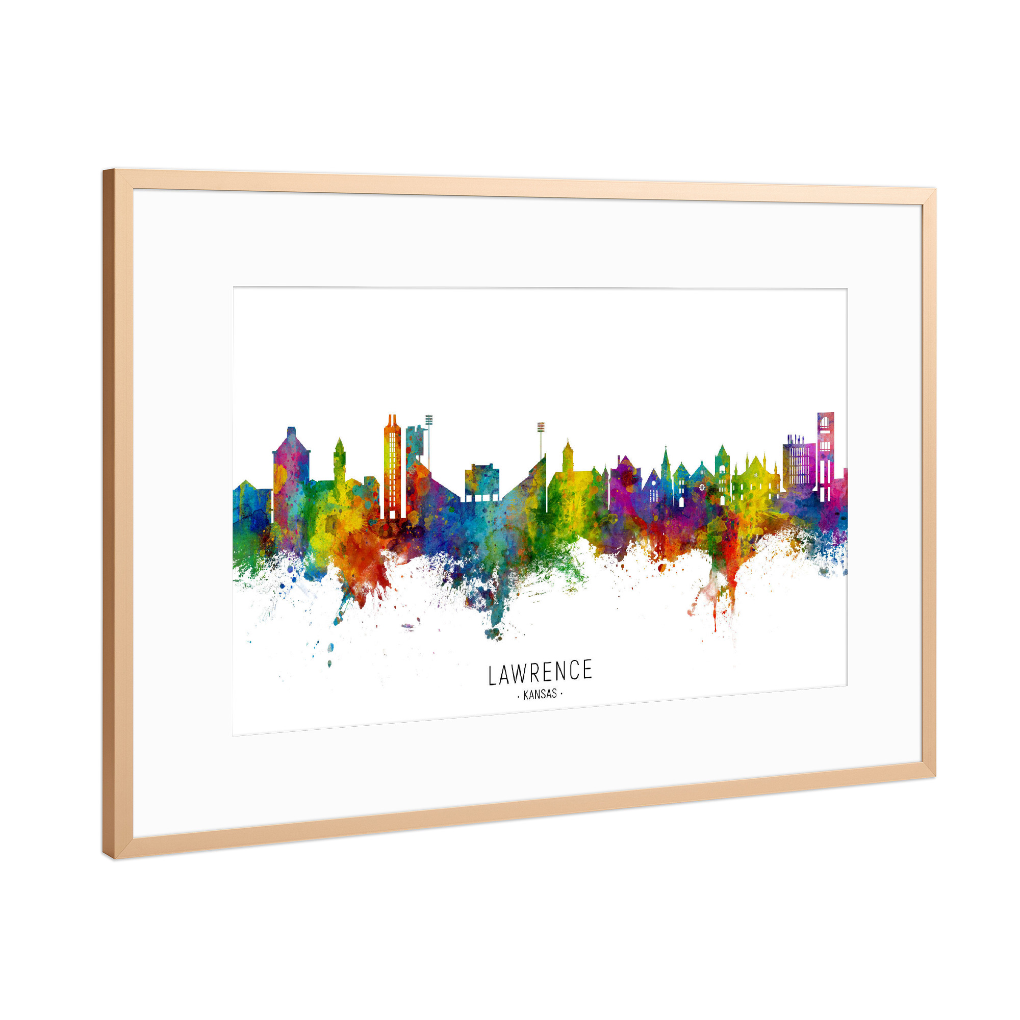 Poster mit Rahmen Kupfer "Lawrence Kansas Skyline txt" artboxONE - Städte